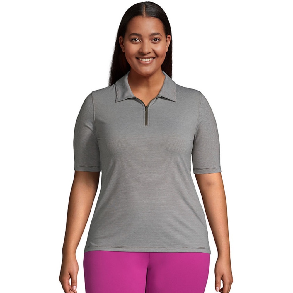Lands' End Women's Moisture Wicking Green and White Short-Sleeve Polo Top